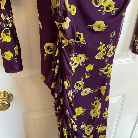 Calvin Klein Floral Ruched Mesh Midi Dress Asymmetrical Hem Purple Yellow Sz XL - Picture 9 of 15